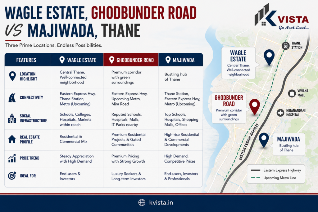Wagle Estate vs Ghodbunder Road vs Majiwada Thane real estate comparison infographic